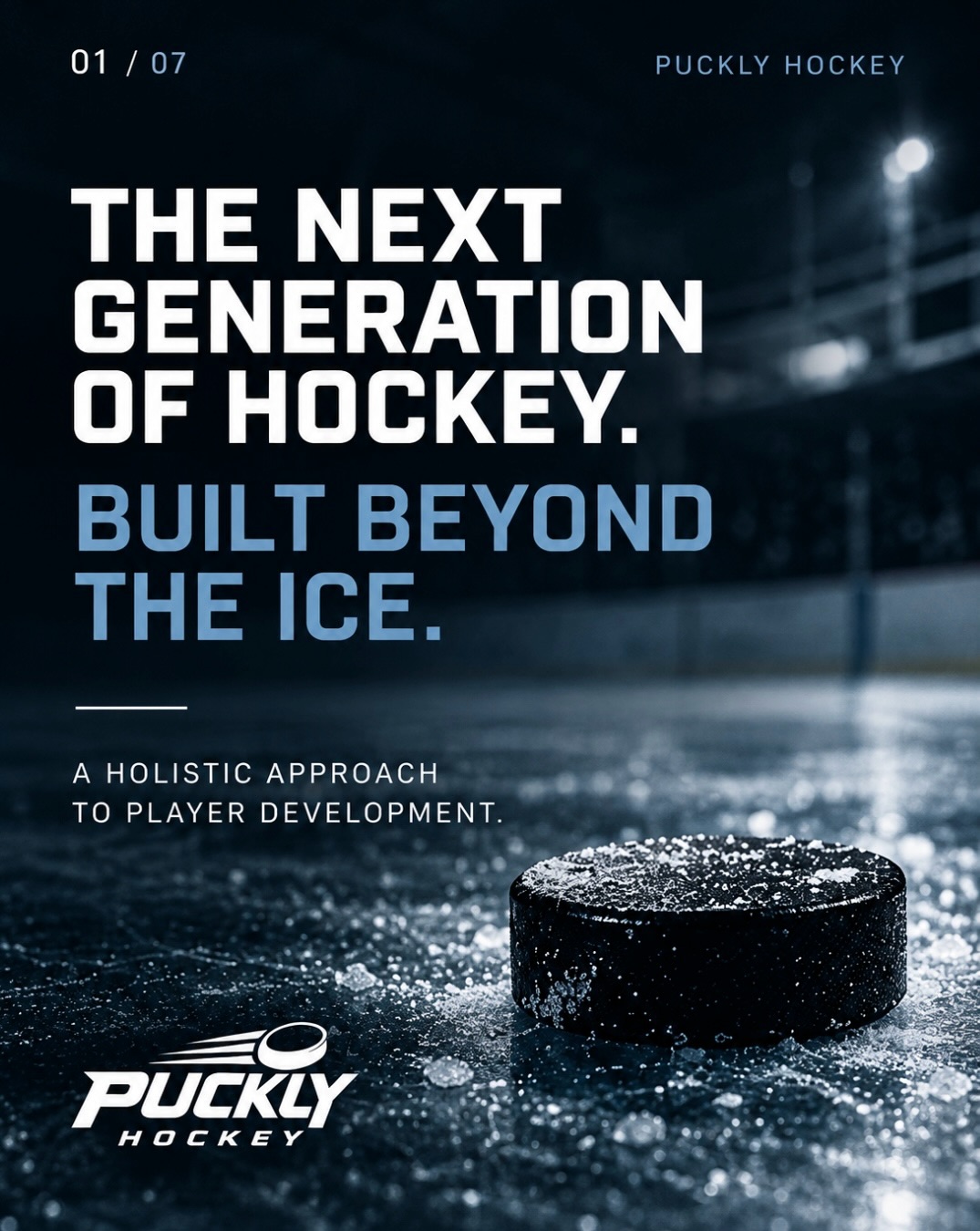 A hockey puck on the ice with Puckly's whole-player development message