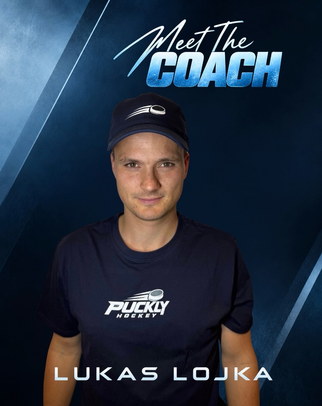 Puckly coach Lukas Lojka wearing a branded cap and shirt