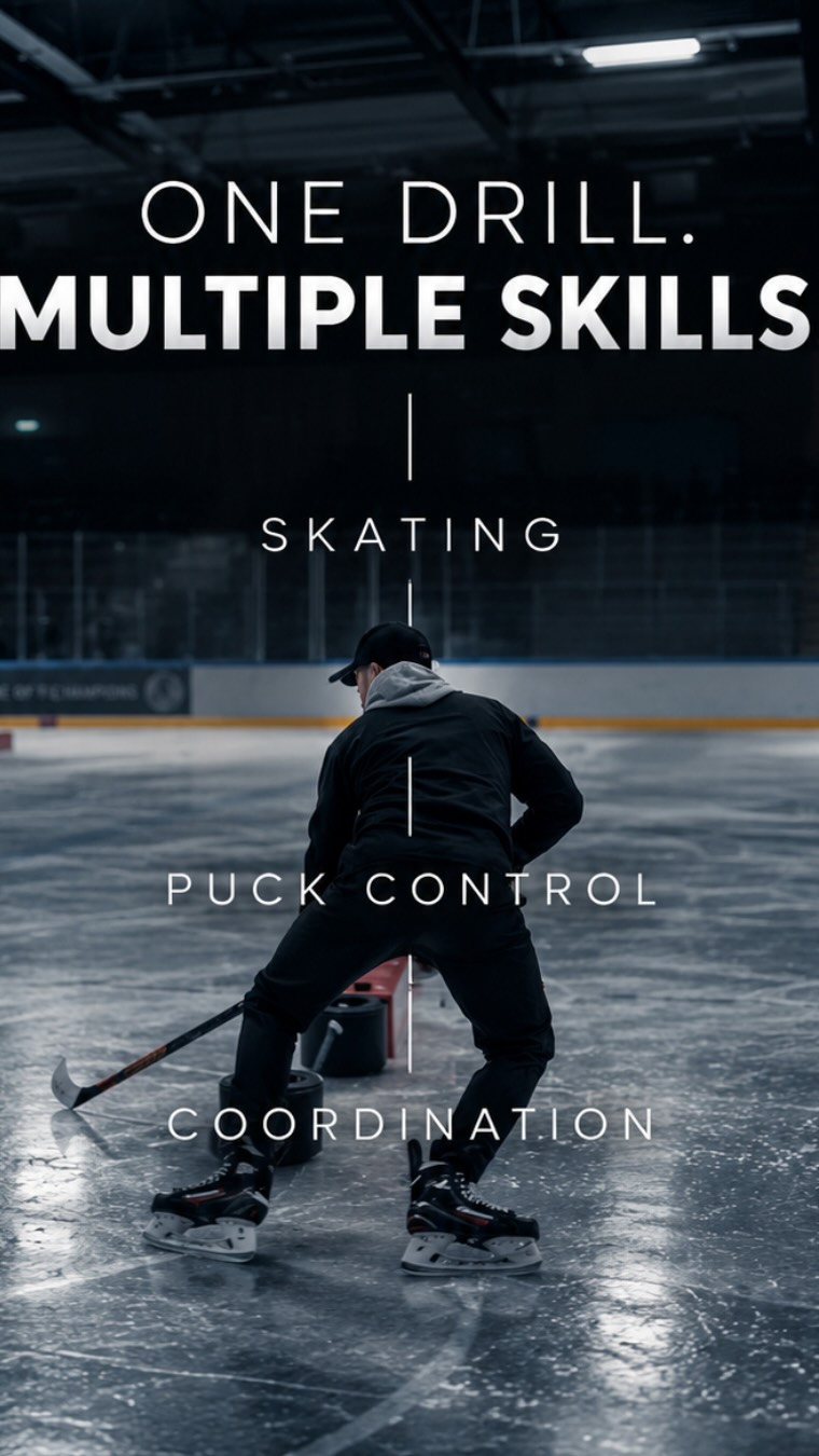 A Puckly coach demonstrates a skating and puck-control drill on indoor ice